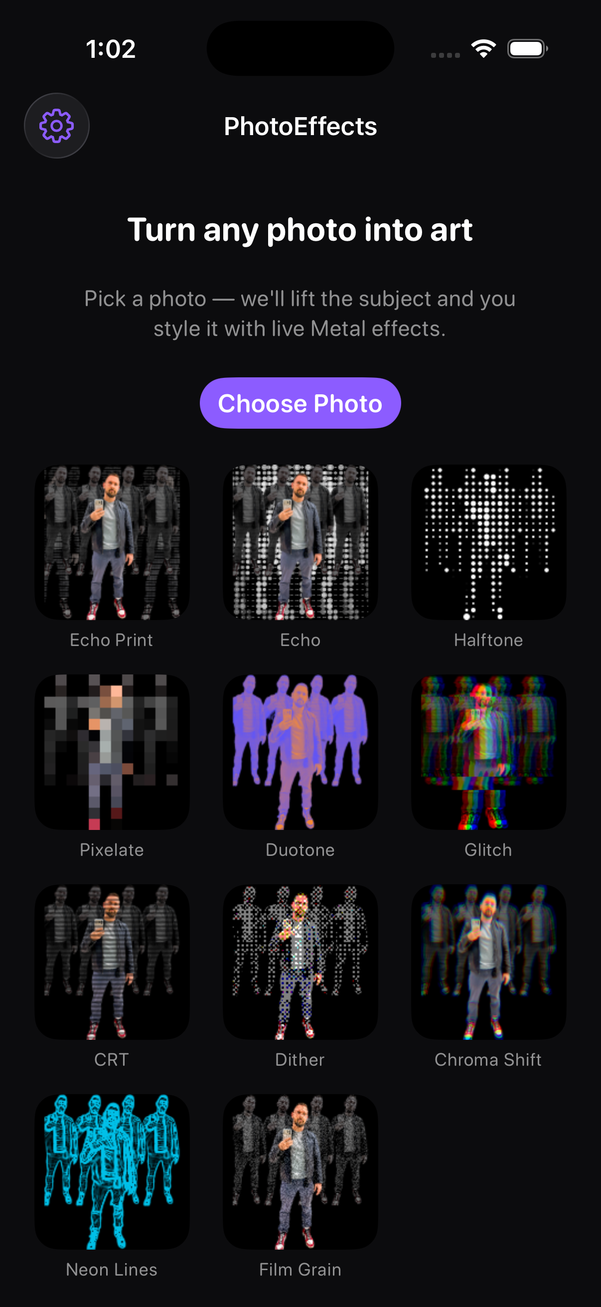 PhotoEffects home screen with the effects gallery